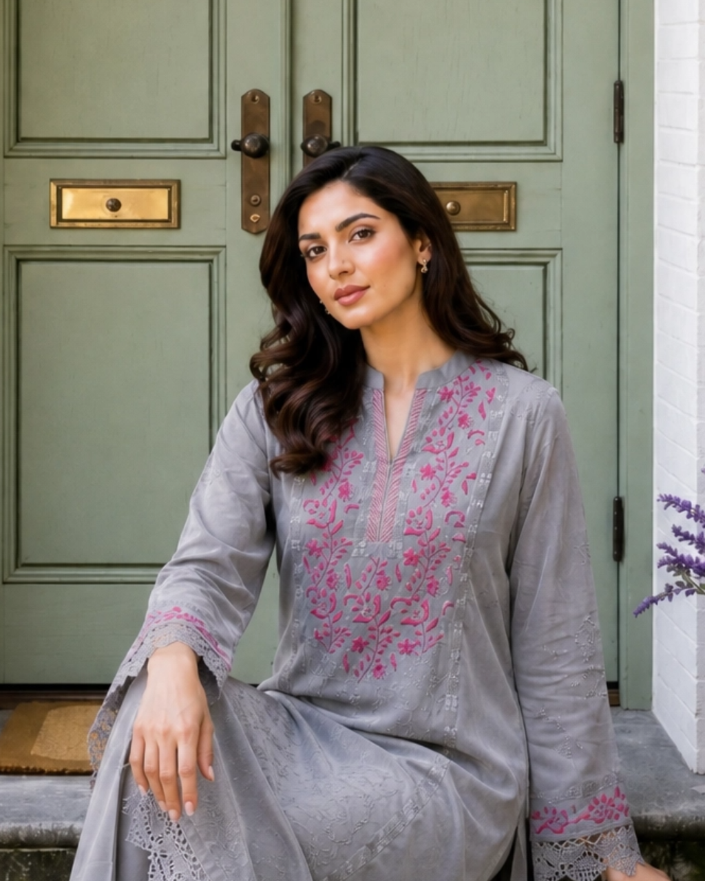 Grey Silk Lawn Hand Embroidered Floral Yoke Kurta Set