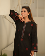 Black Chicken Lawn Mirror Work Floral Embroidered Kurta
