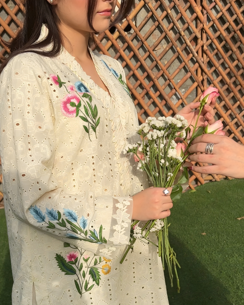 Off White Schiffli Cutwork Chicken Lawn Embroidered Kurta