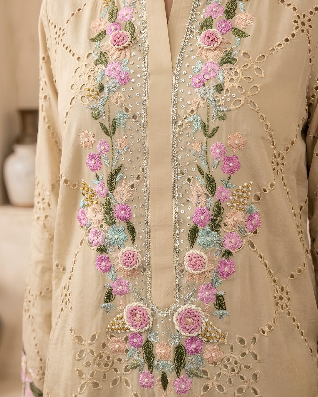 Yellow Silk Hand Embroidered Long Shirt Set