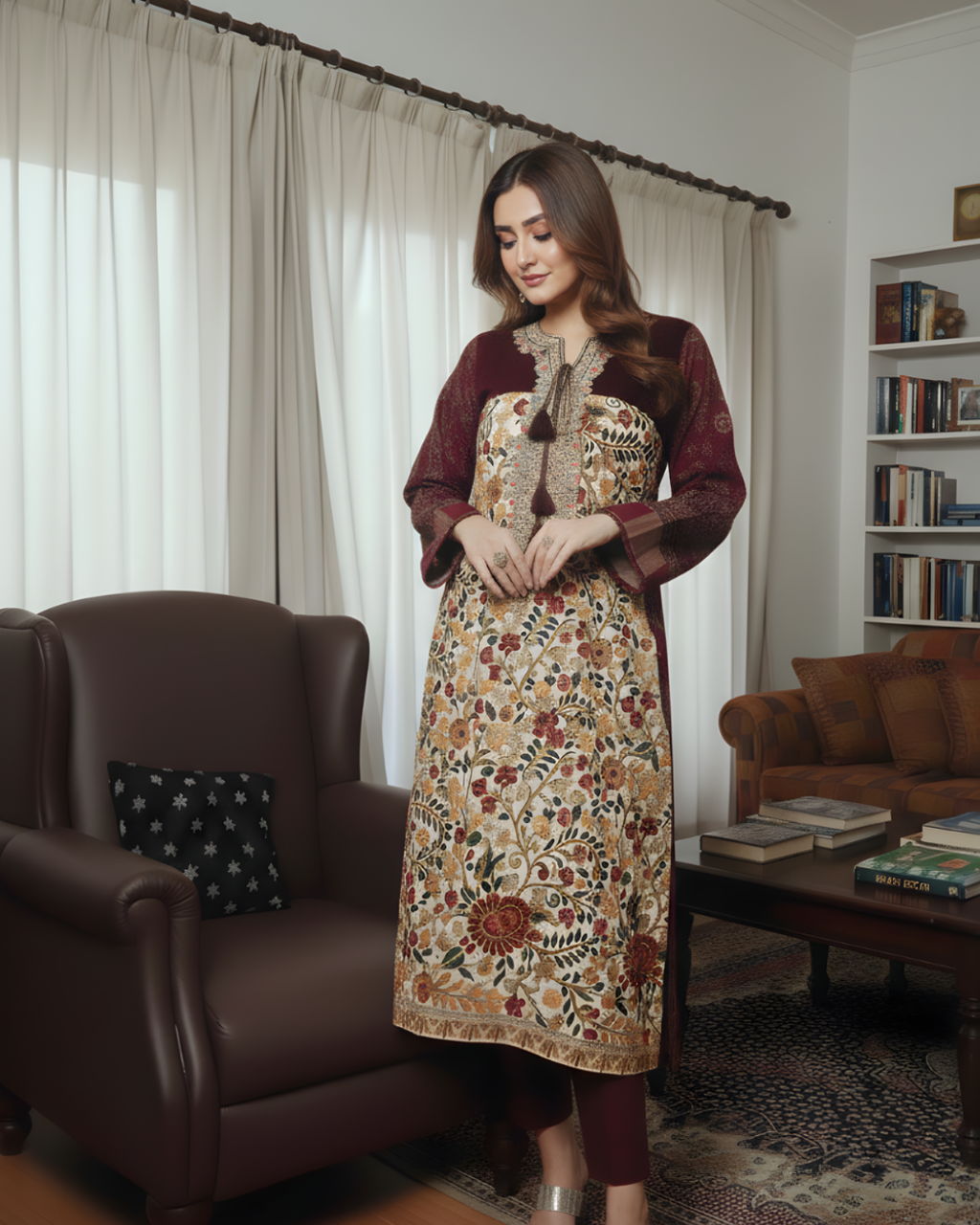 Cream & Maroon Velvet Hand Embroidered Floral Jaal Kurta Set