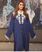 Navy Blue 3D Floral Applique Silk Kaftan