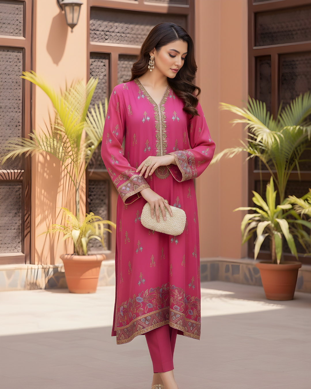 Fuchsia Silk 3-Piece Suit with Gold Embroidered Digital Print