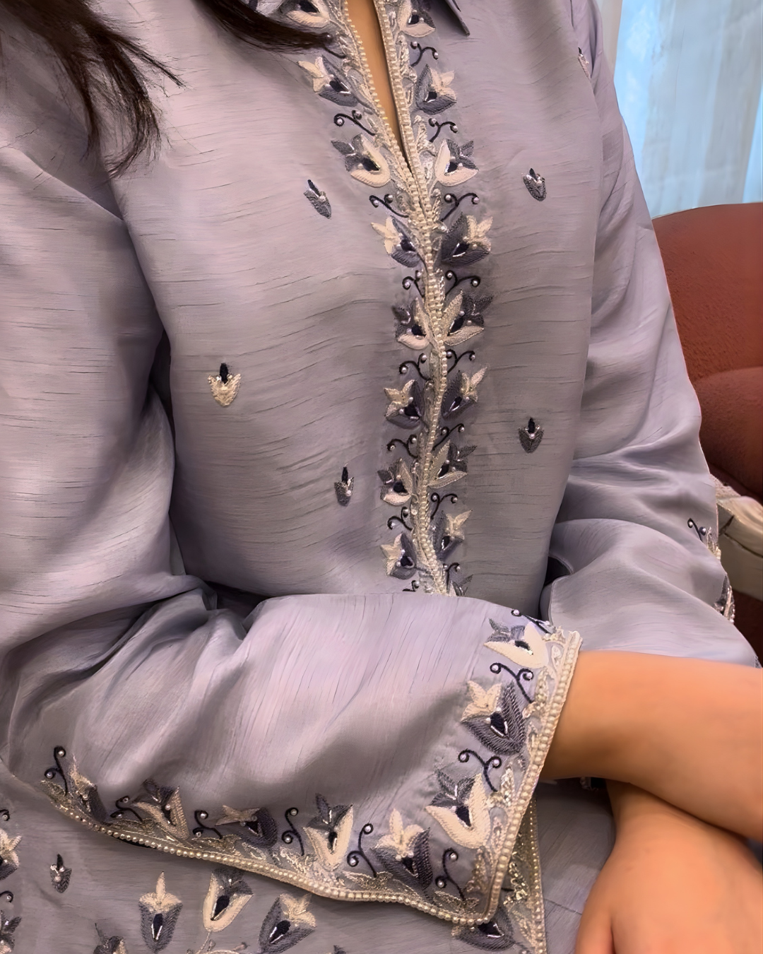 Powder Blue Korean Silk Embroidered Jacket & Palazzo Set