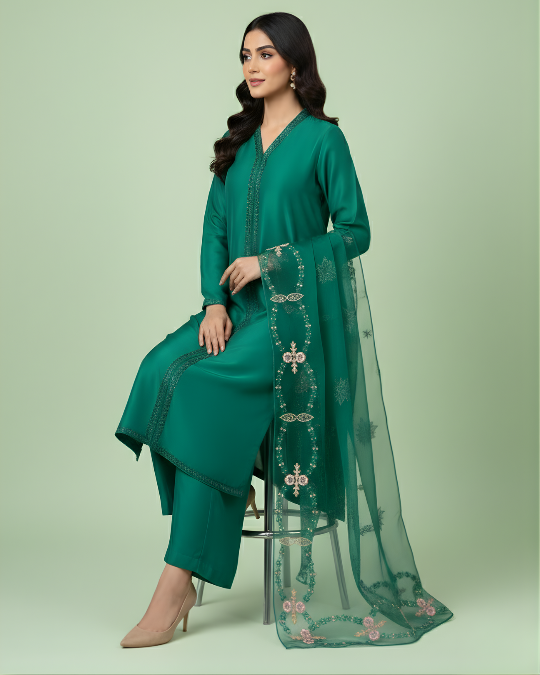 Emerald Green Stone Embroidered Loomnet 3-Piece Suit