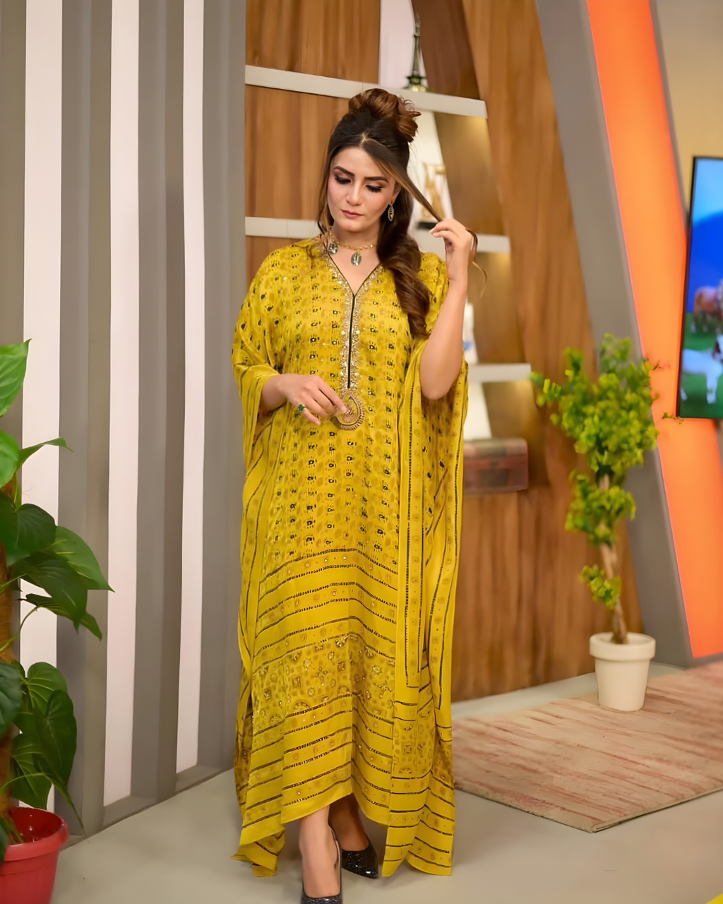 Mustard  Print Silk Kaftan