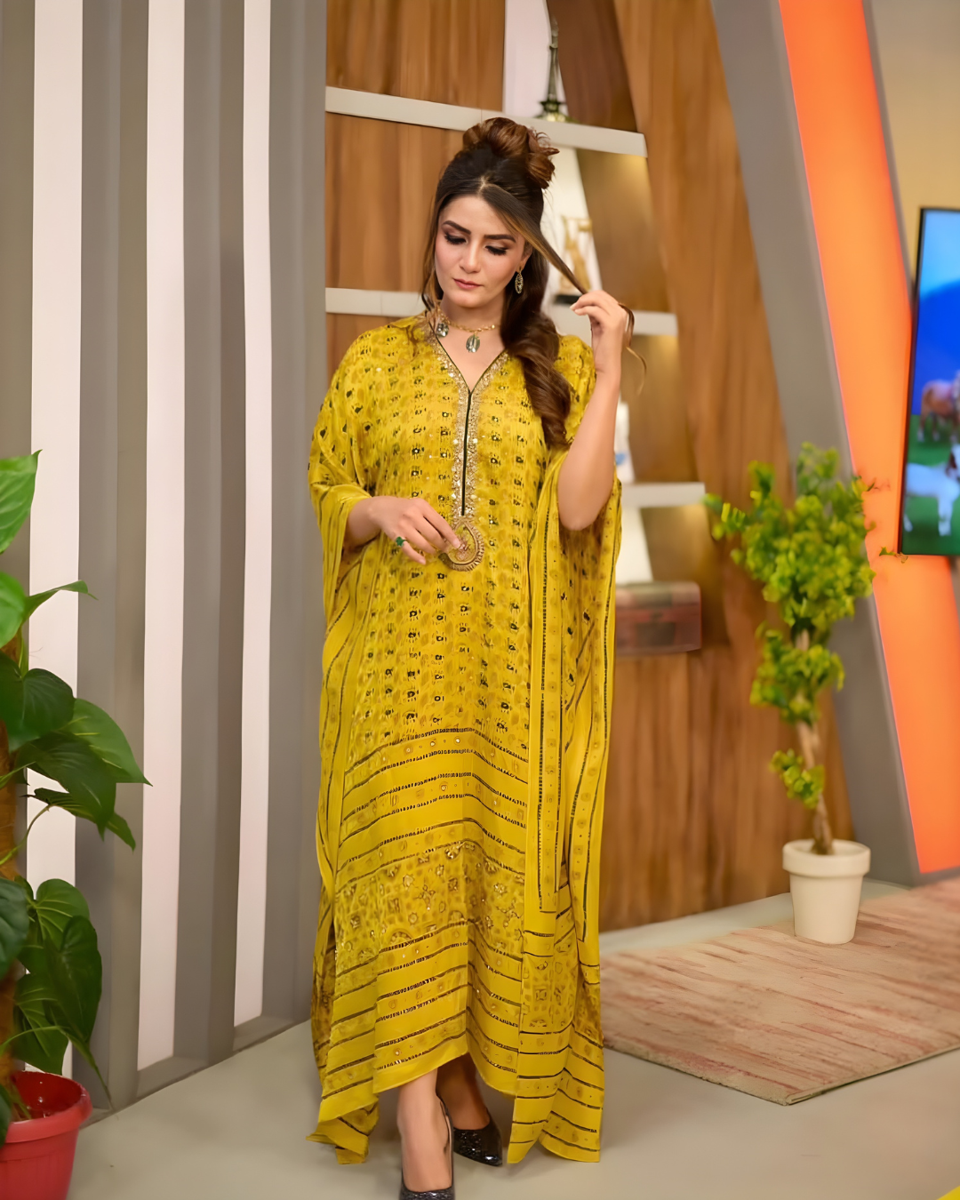 Mustard  Print Silk Kaftan