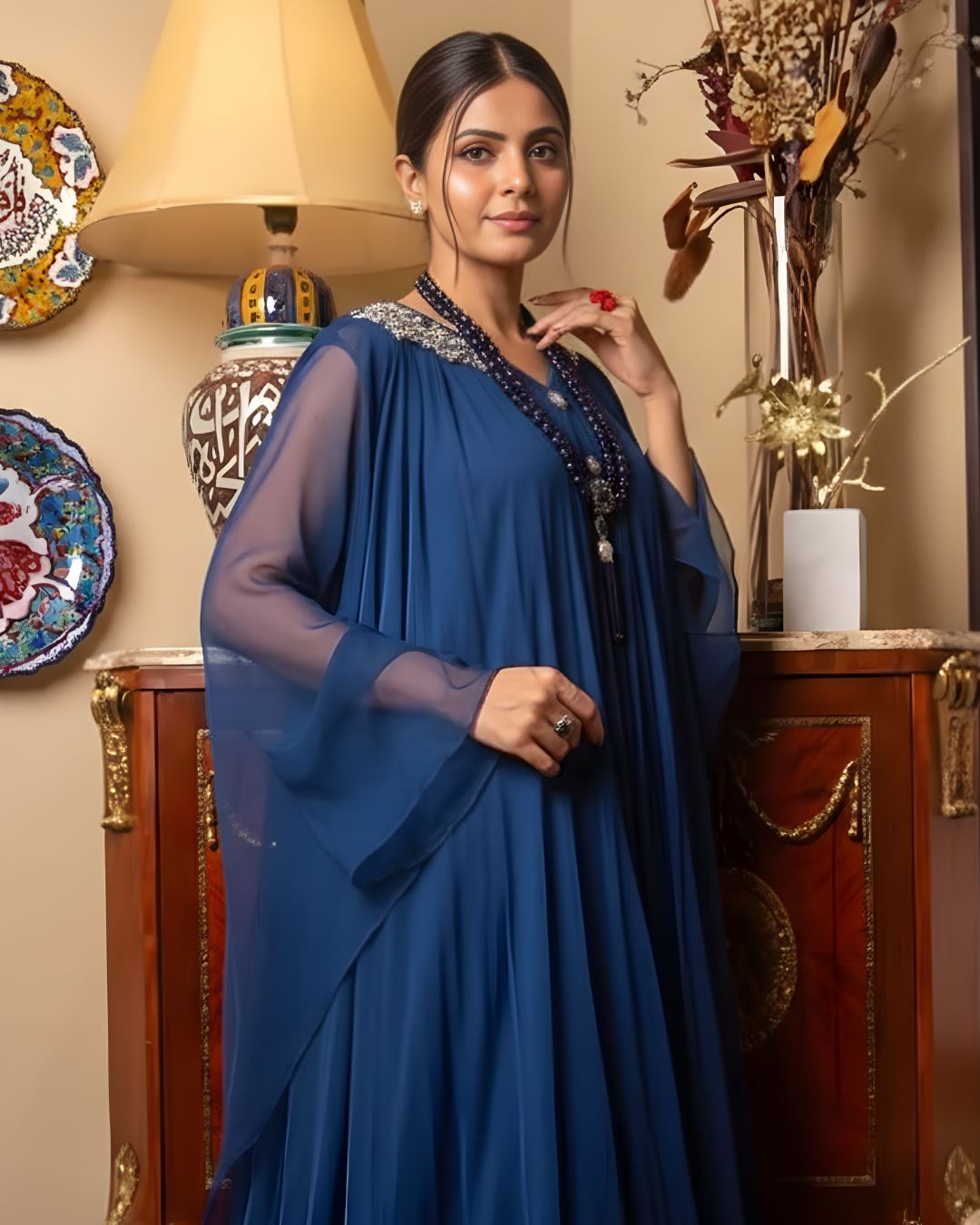 Navy Blue Chiffon Embellished Shoulder Maxi Dress