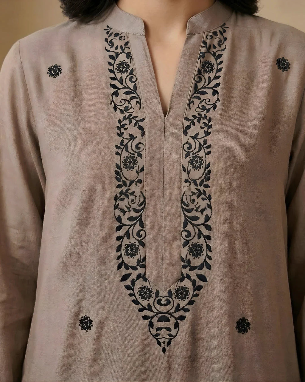 Coffee Brown Block Print Floral Jaal Loomnet Kurta