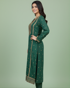 Emerald Green Gold Marori Embroidered Korean Silk Kurta