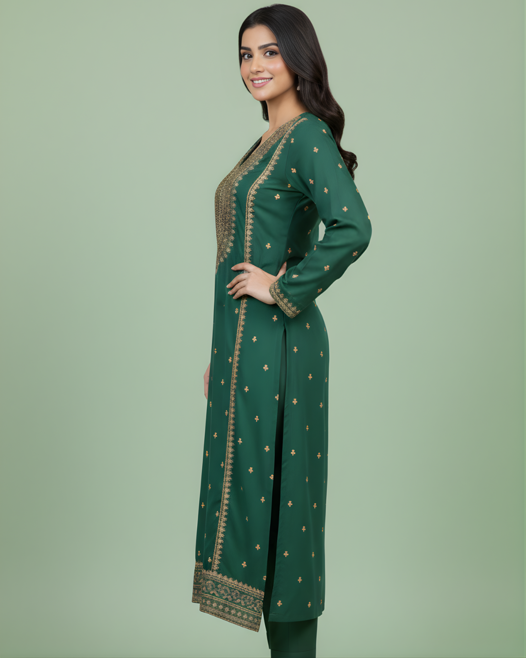 Emerald Green Gold Marori Embroidered Korean Silk Kurta