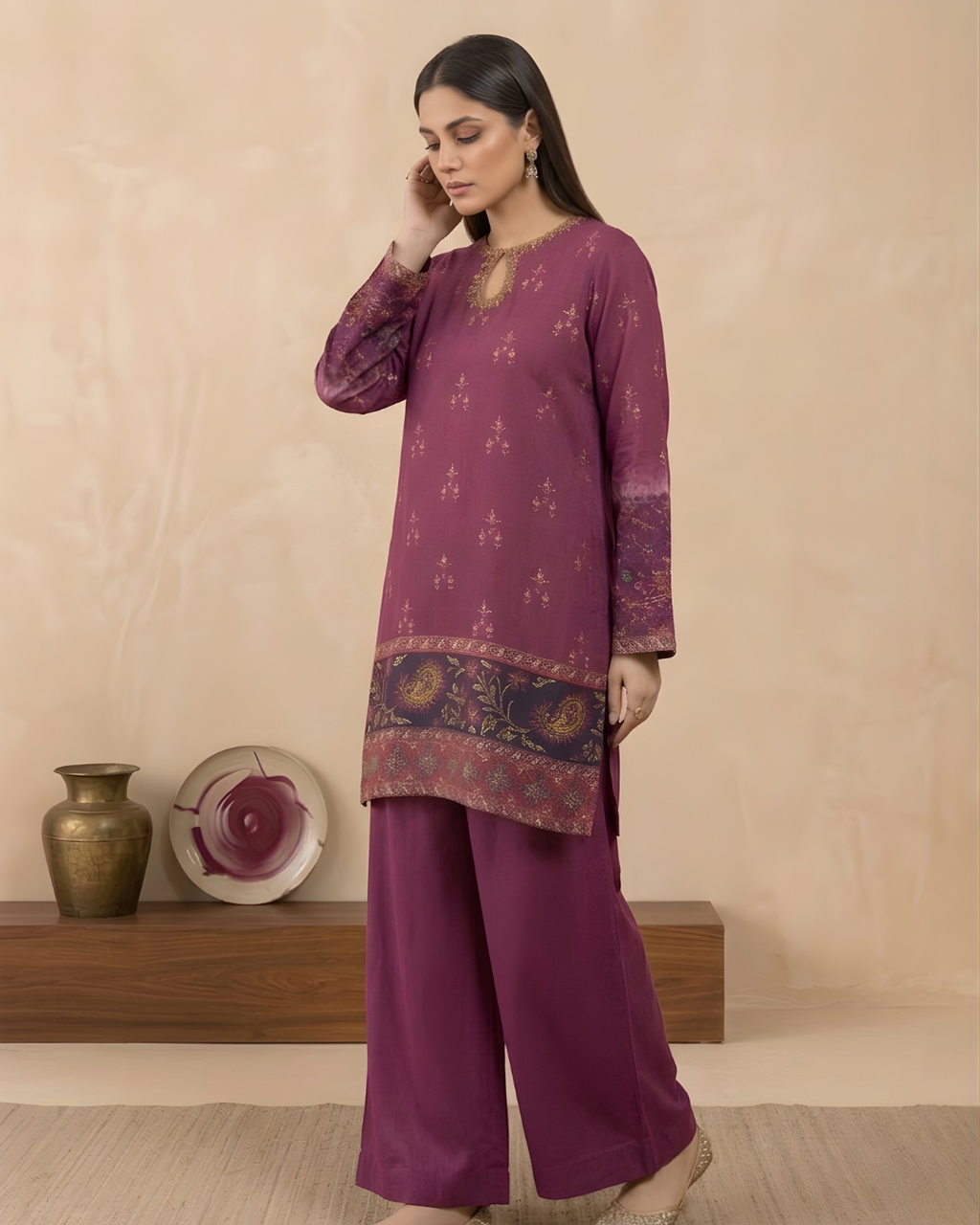 Magenta Silk Short Kurta & Palazzo Set