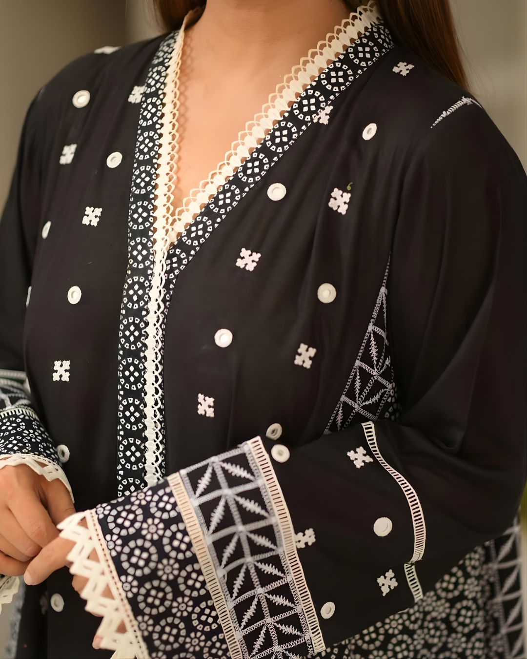 Black Mirror Work Cotton Embroidered Dress