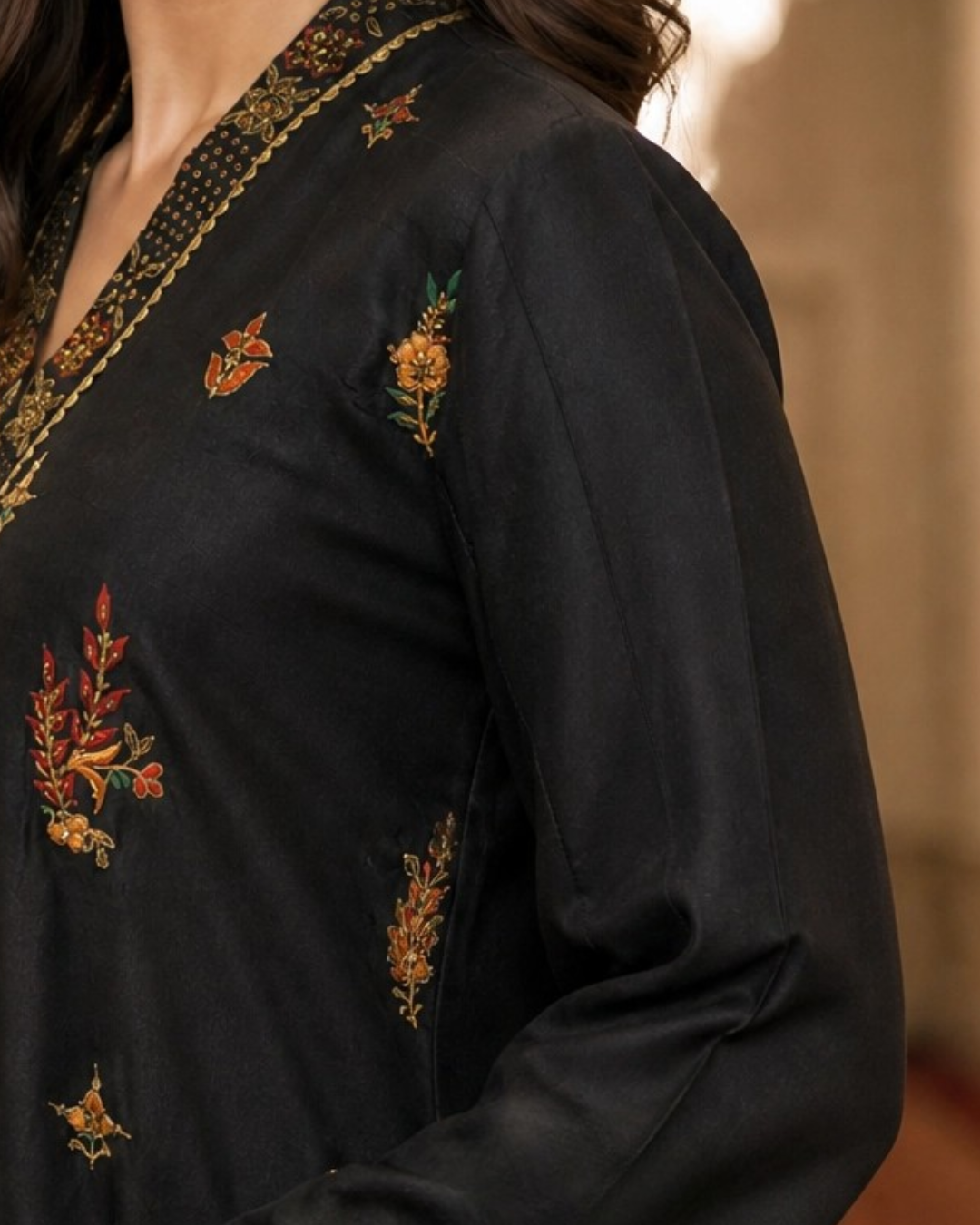 Black 2-Piece Loomnet Kurta Set with Digital Print Border