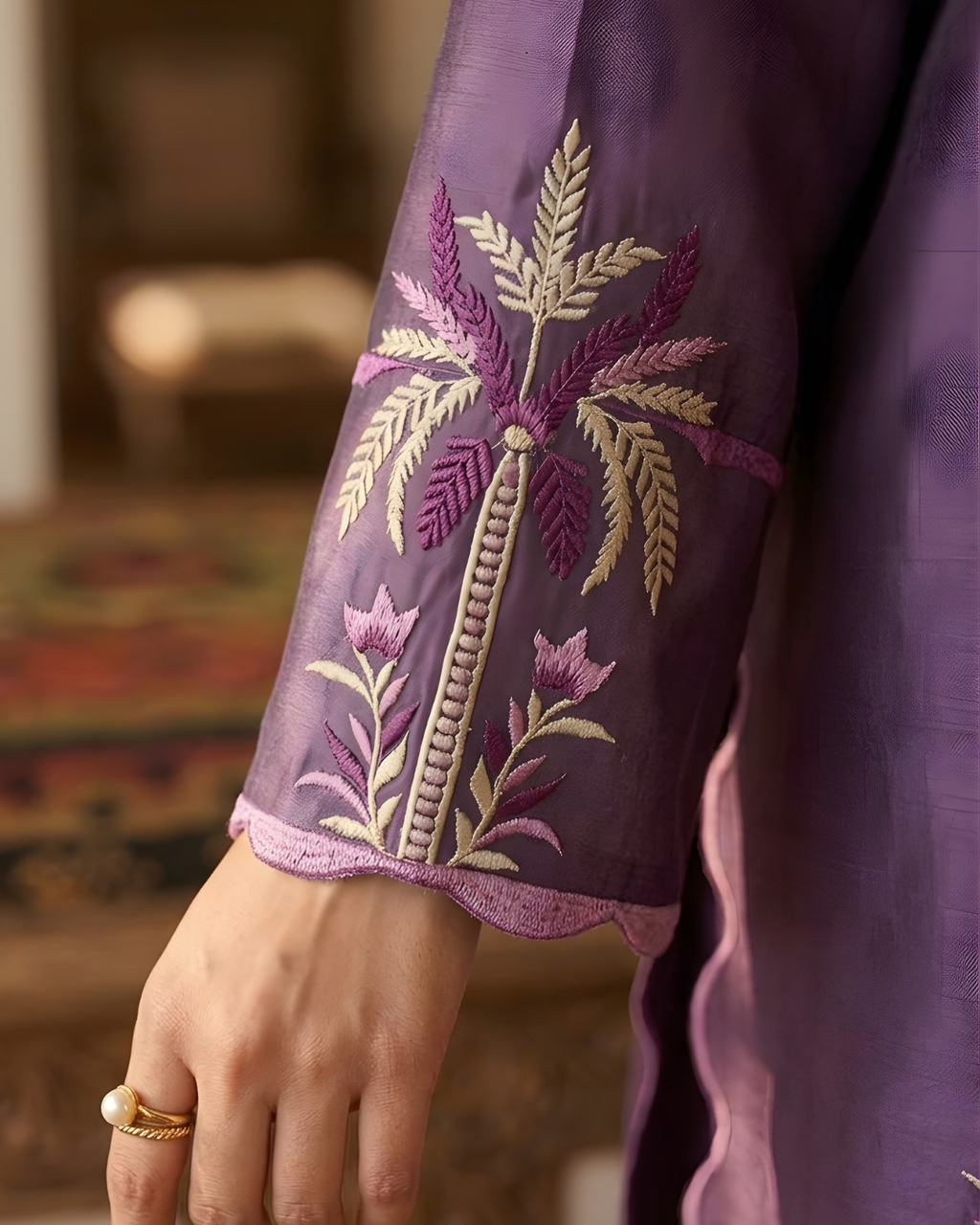 Purple Floral Vine Embroidered Scalloped Loomnet Kurta