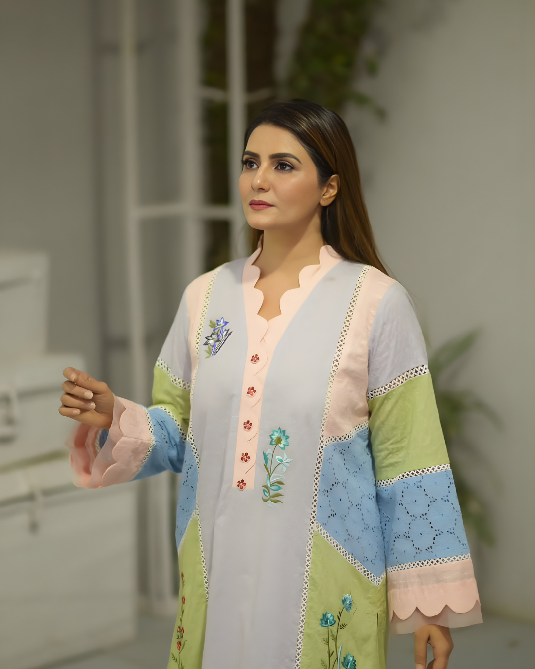 Pastel Colour Block Floral Embroidered Scalloped Lawn Dress