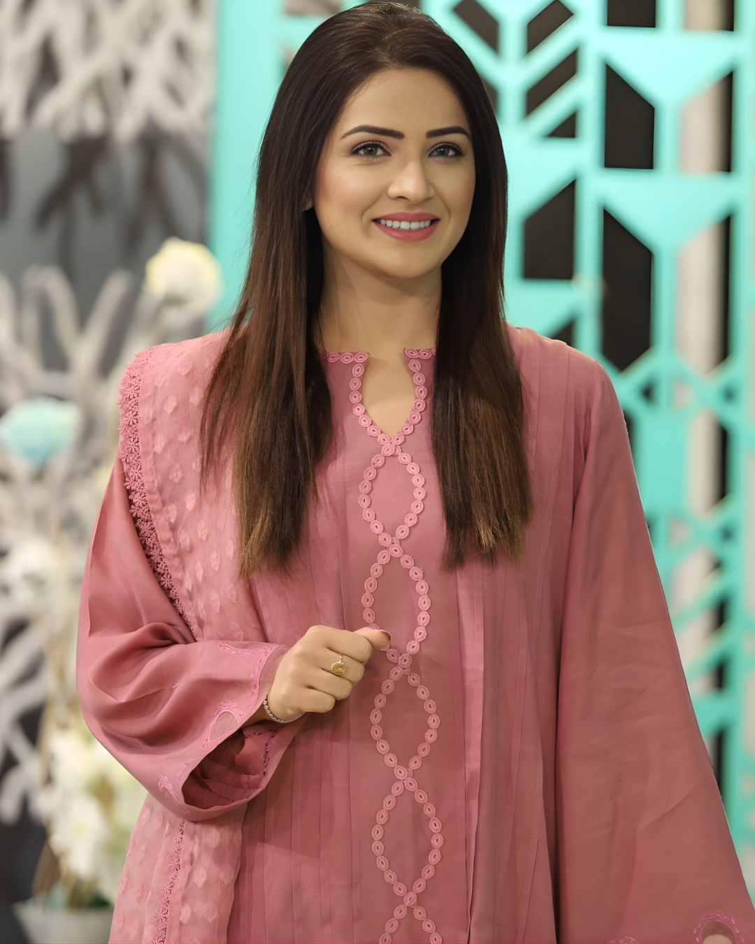 Dusty Pink Jacquard Silk 3-Piece Kurta Set