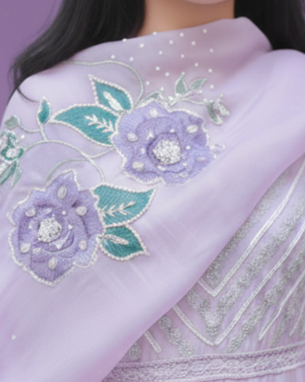 Lilac Korean Silk Princess Cut Dress – Silver Embellished