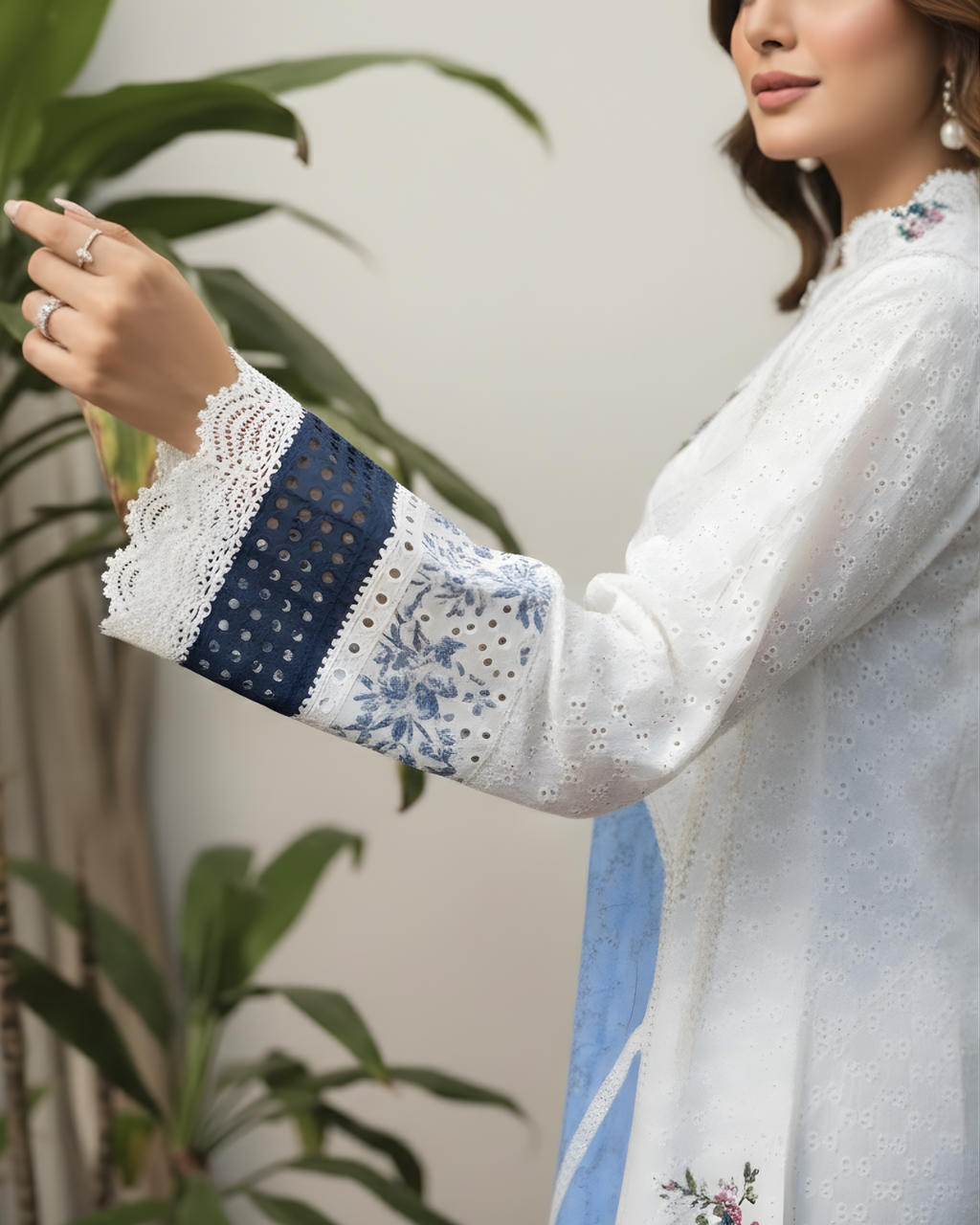 White & Blue Schiffli Chicken Lawn Contrast Panel Kurta