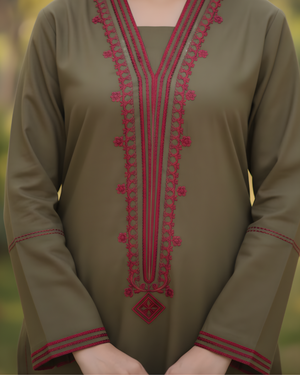 Army Green Red Geometric Embroidered Cambric Kurta Set