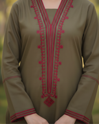 Army Green Red Geometric Embroidered Cambric Kurta Set