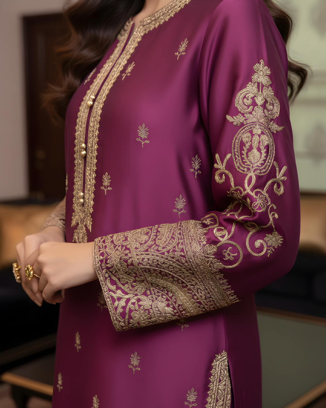 Magenta Silk 3-Piece Suit with Heavy Gold Marori Embroidery