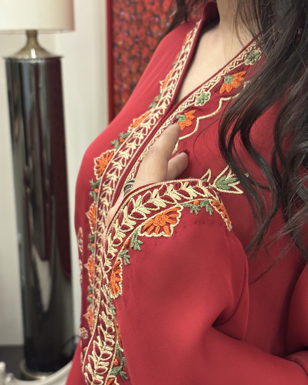 2-Piece Red Korean Chiffon Hand Embroidered Box Pleat