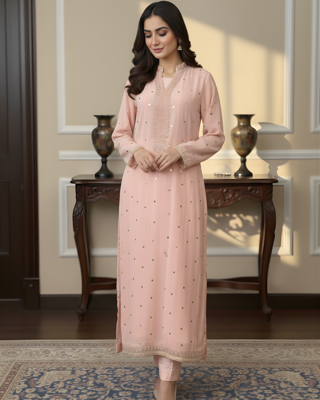 Light Pink Chiffon 3-Piece Set with Pearl & Gold Medallion Embroidery