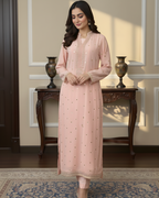 Light Pink Chiffon 3-Piece Set with Pearl & Gold Medallion Embroidery