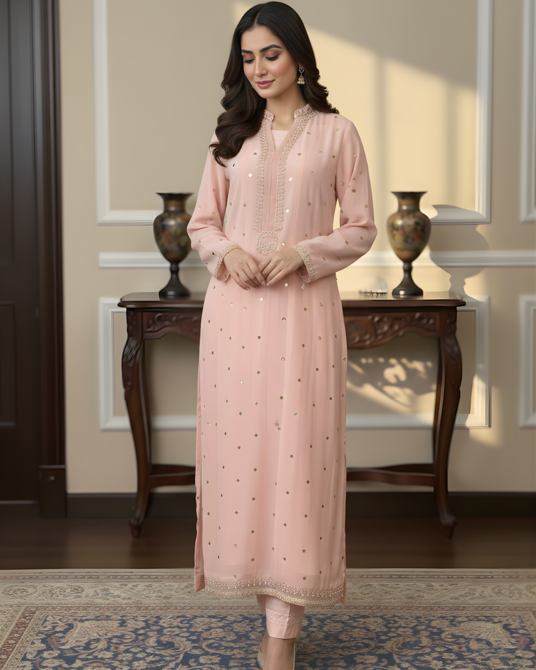 Light Pink Chiffon 3-Piece Set with Pearl & Gold Medallion Embroidery