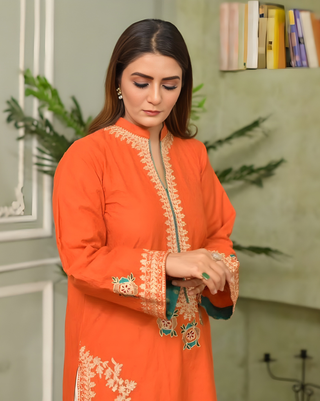 Orange Gold Tilla Embroidered Lawn Kurta