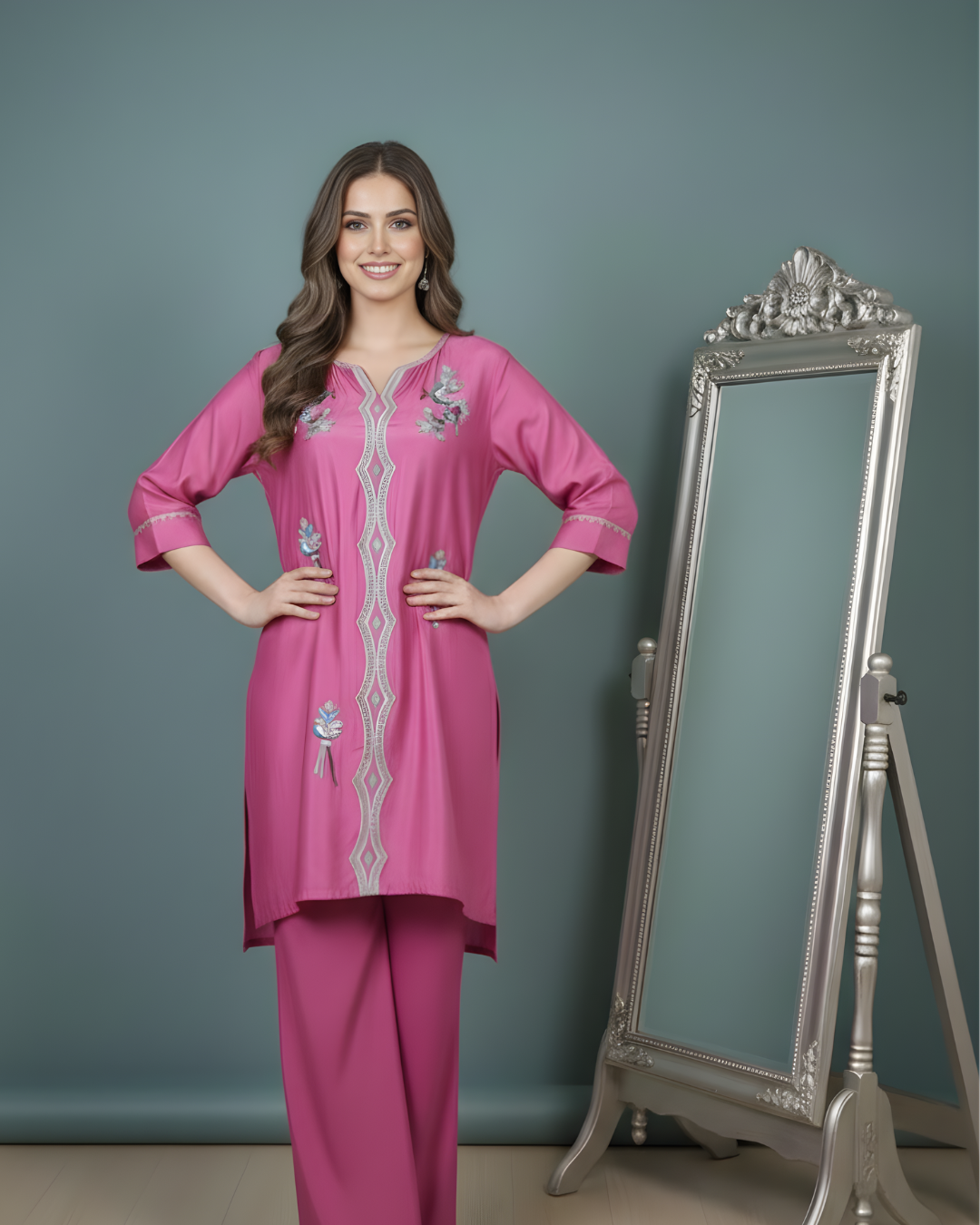 Pink Loomnet Short Kurta & Palazzo Set
