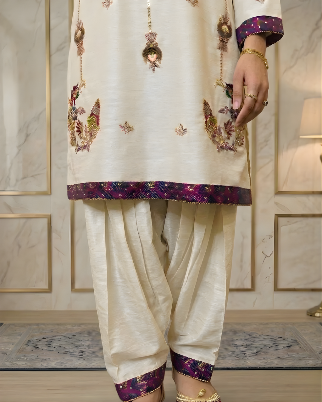 Off White Cotton Net 3-Piece Suit with Gold Arri & Tassel Work