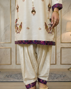 Off White Cotton Net 3-Piece Suit with Gold Arri & Tassel Work