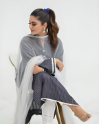 Black & White Striped Lawn Kurta with Mandarin Collar