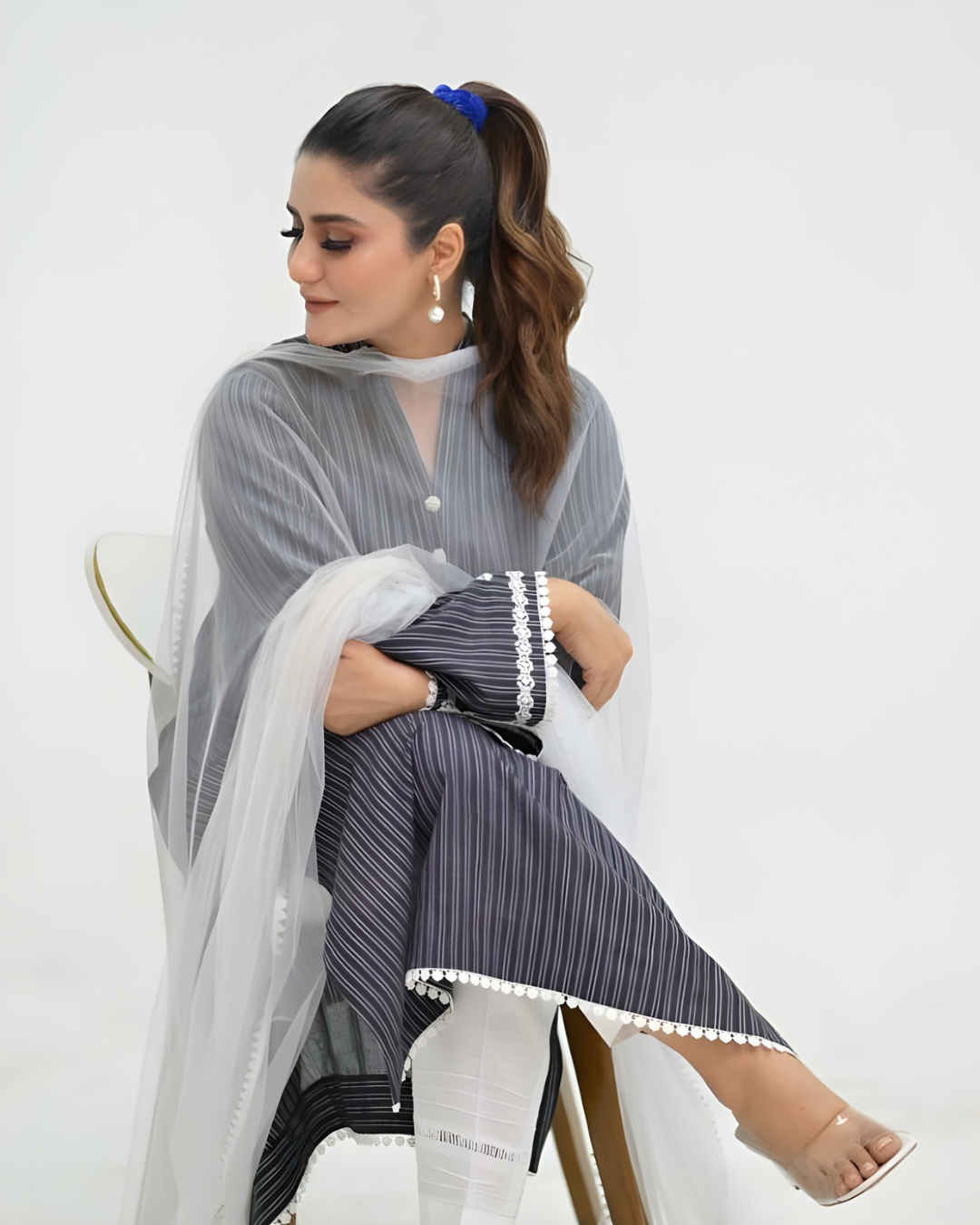 Black & White Striped Lawn Kurta with Mandarin Collar