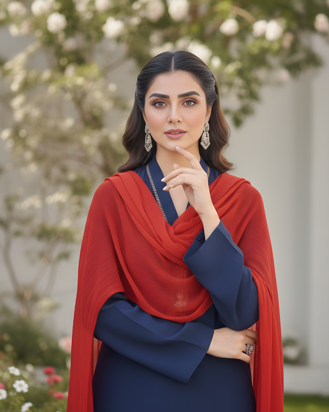 Navy Blue Rust Patchwork Geometric Silk Lawn Kurta