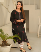 Black Chicken Lawn Mirror Work Floral Embroidered Kurta