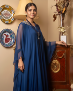 Navy Blue Chiffon Embellished Shoulder Maxi Dress