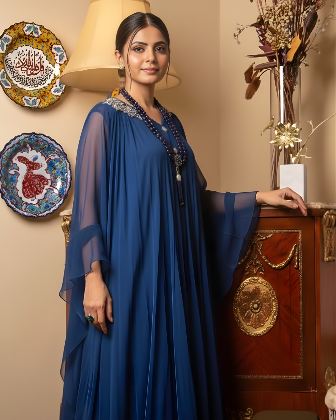 Navy Blue Chiffon Embellished Shoulder Maxi Dress