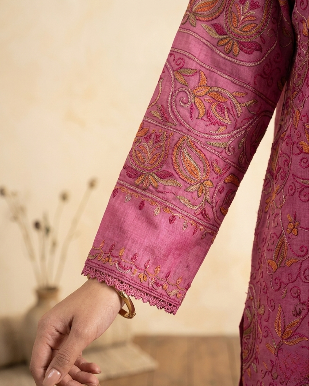 Pink Silk Lawn Kanta Embroidered Kurta