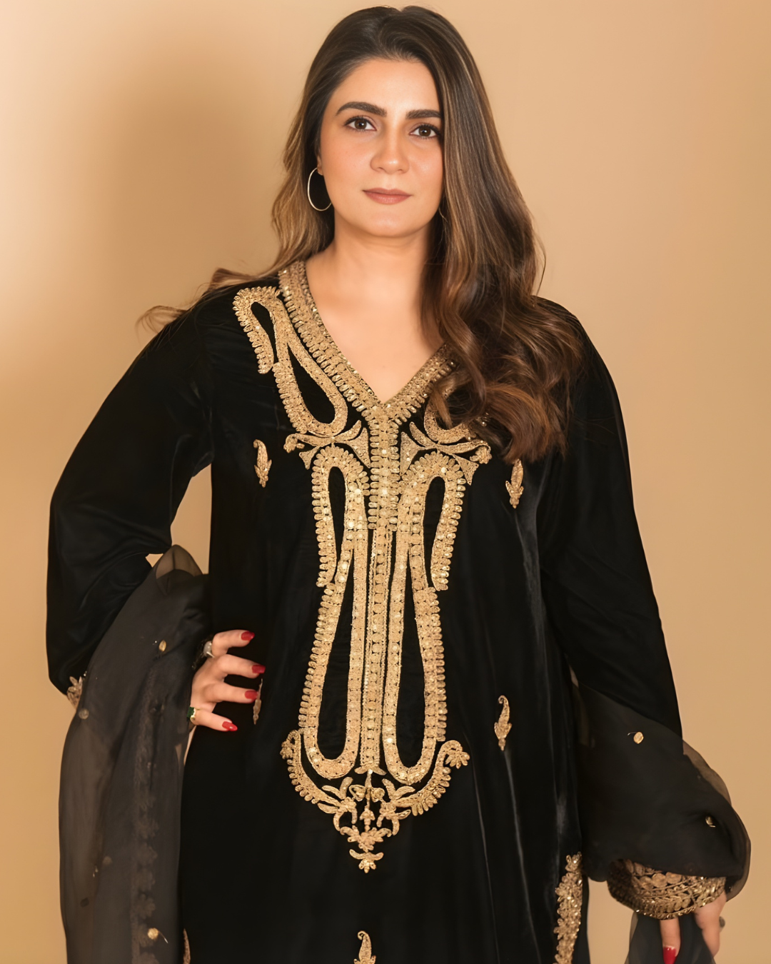 Black Velvet 3-Piece Embroidered Suit with Organza Dupatta
