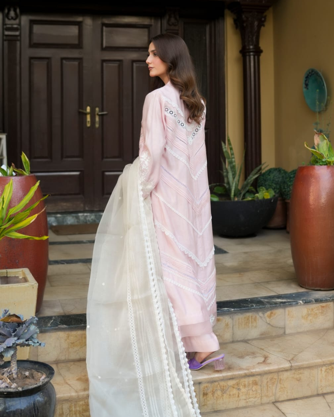 Pink Chevron Pleated Lace Embroidered Loomnet Kurta