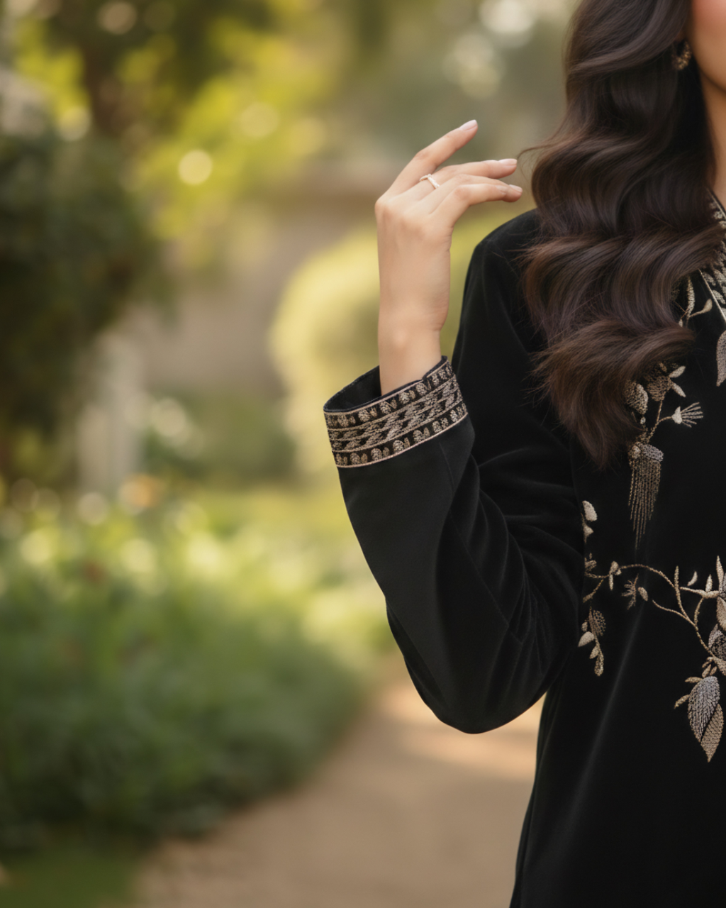 Black Velvet Gold Floral & Bird Embroidered Jacket Kurta Set