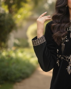 Black Velvet Gold Floral & Bird Embroidered Jacket Kurta Set