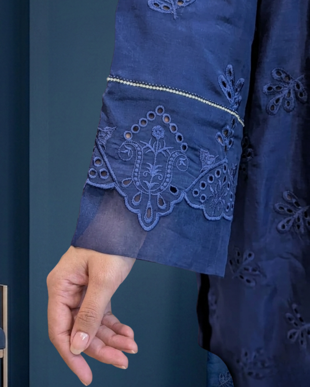 Navy Blue Tissue Silk Booti Embroidered Kurta Set