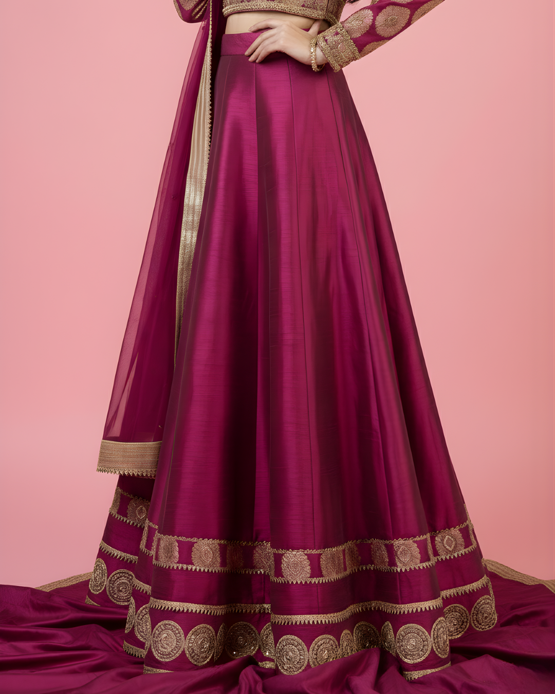Pink Jamawar Lehenga Choli with Gold Medallion