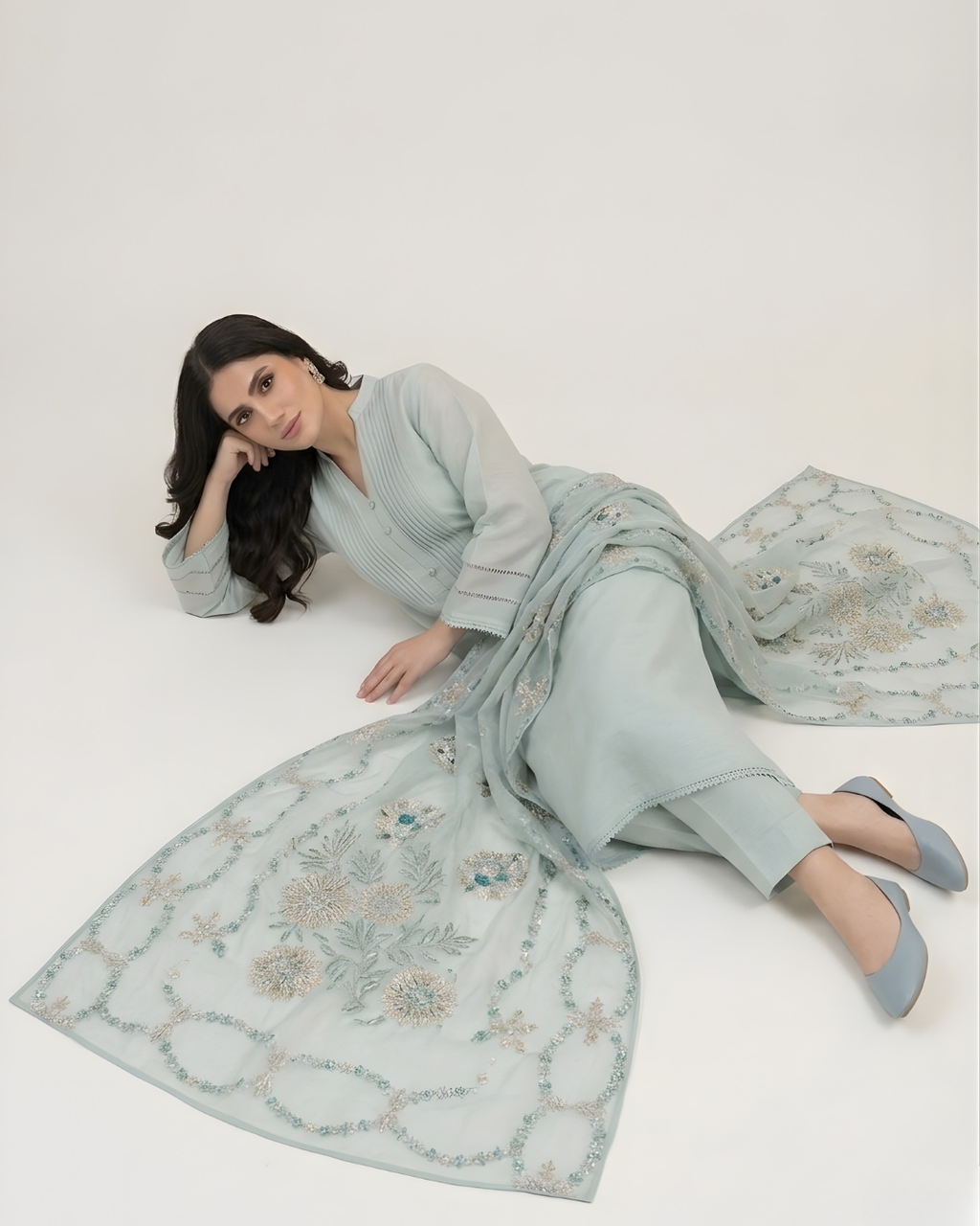 Aquamarine Crochet Lace Pintuck Silk 3-Piece Suit