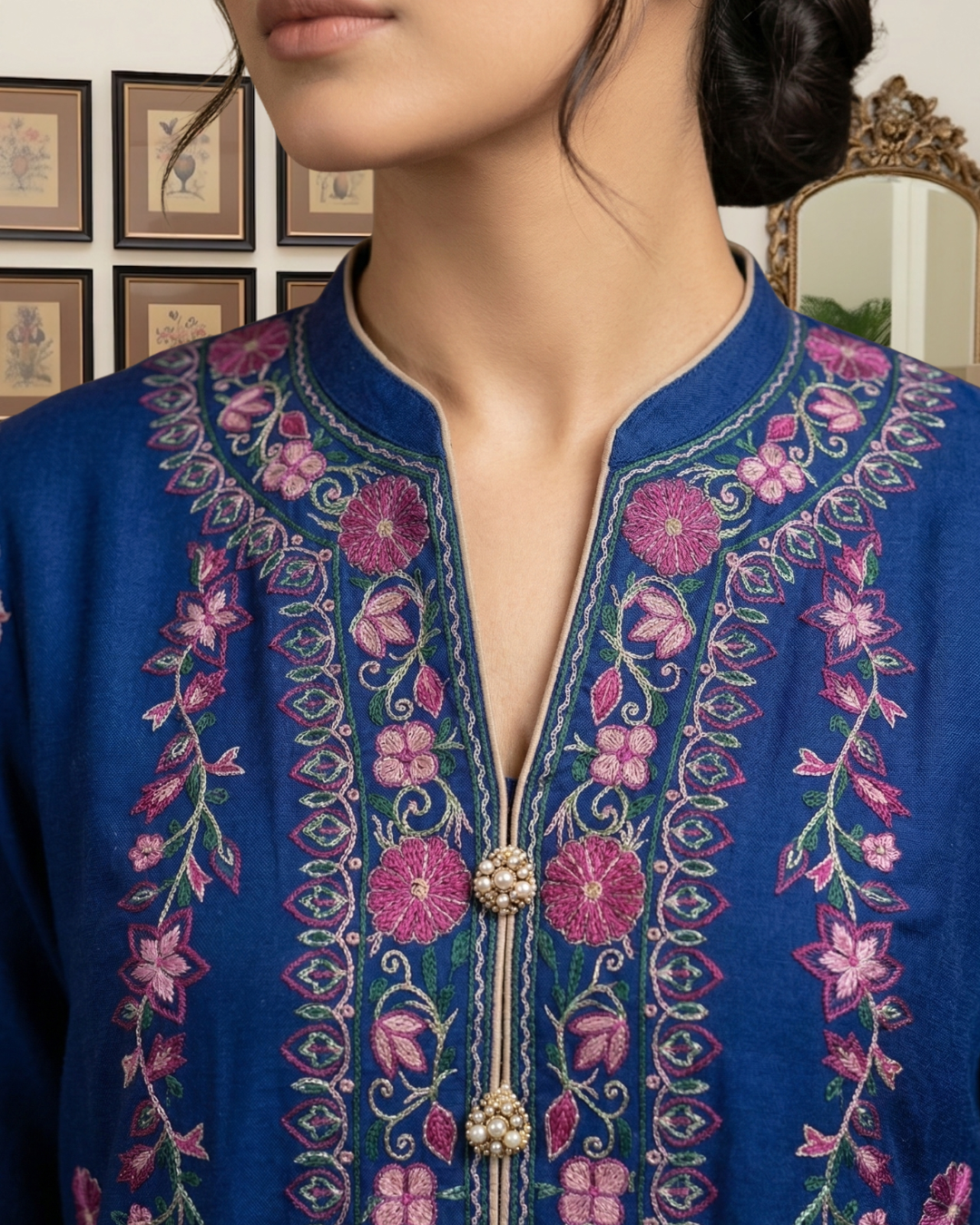 Navy Blue Pink Floral Embroidered Yoke Loomnet Kurta