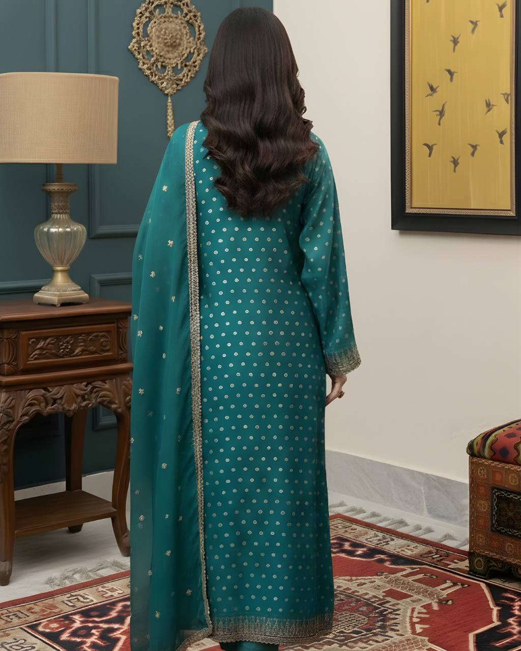 Teal & Gold Jamawar 3-Piece Suit – Marori Embroidered